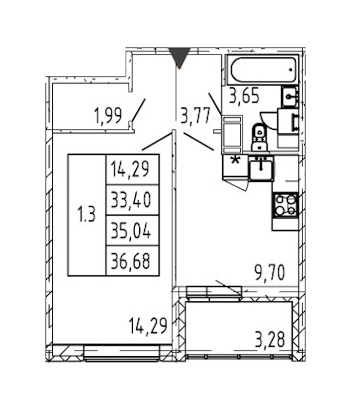 1-комнатная квартира 33.4 м², 12/12 эт., ЖК «Полис ЛАВрики»